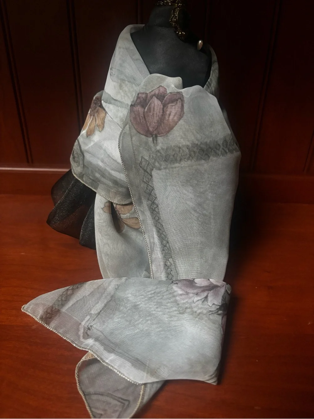 Light weight,sheer, grey botanical delicate flowers & leaves print silk scarf